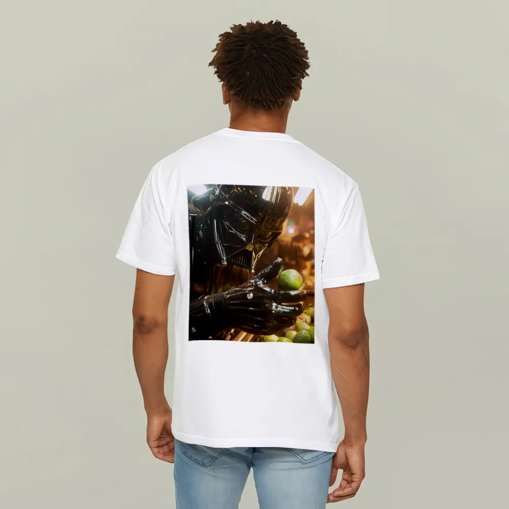 Dark Armored Figure Picking Green Fruits – T-Shirts