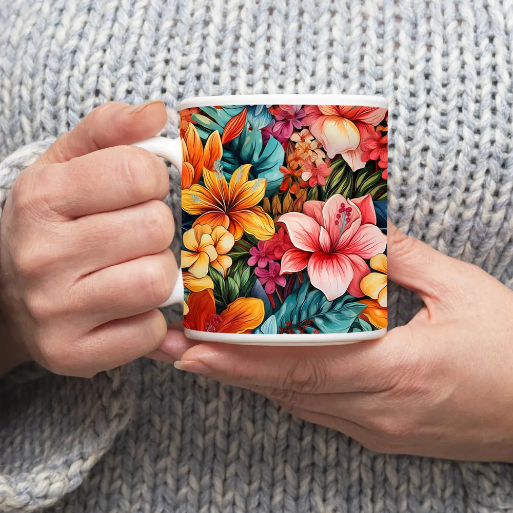 Tropical Hibiscus Floral Pattern Colorful Art – Mugs