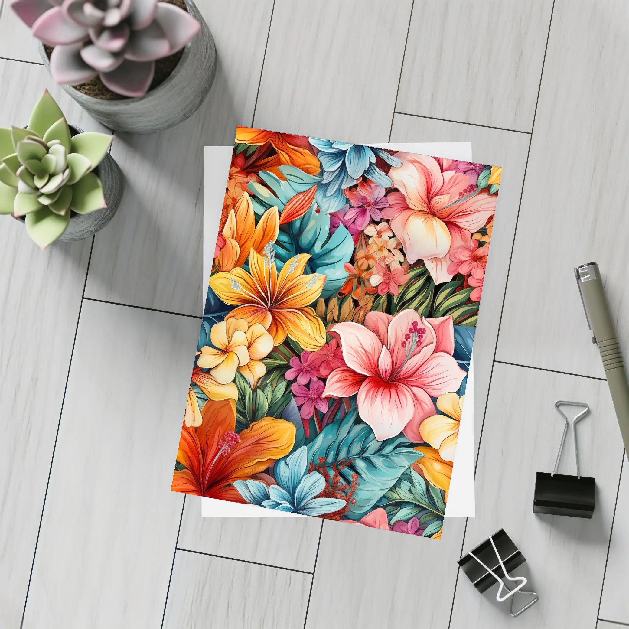 Tropical Hibiscus Floral Pattern Colorful Art – Postcards