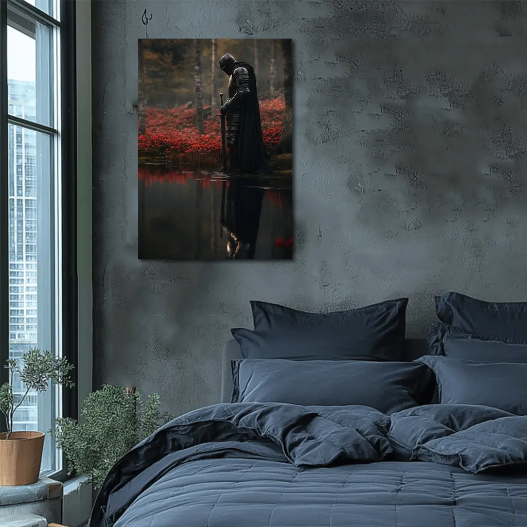 Dark Knight Reflecting By Red Forest – Wall Art
