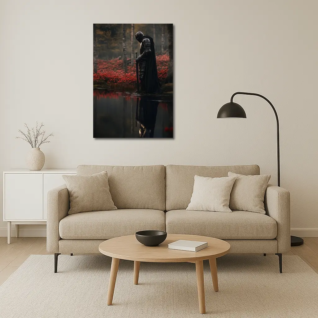 Dark Knight Reflecting By Red Forest – Wall Art