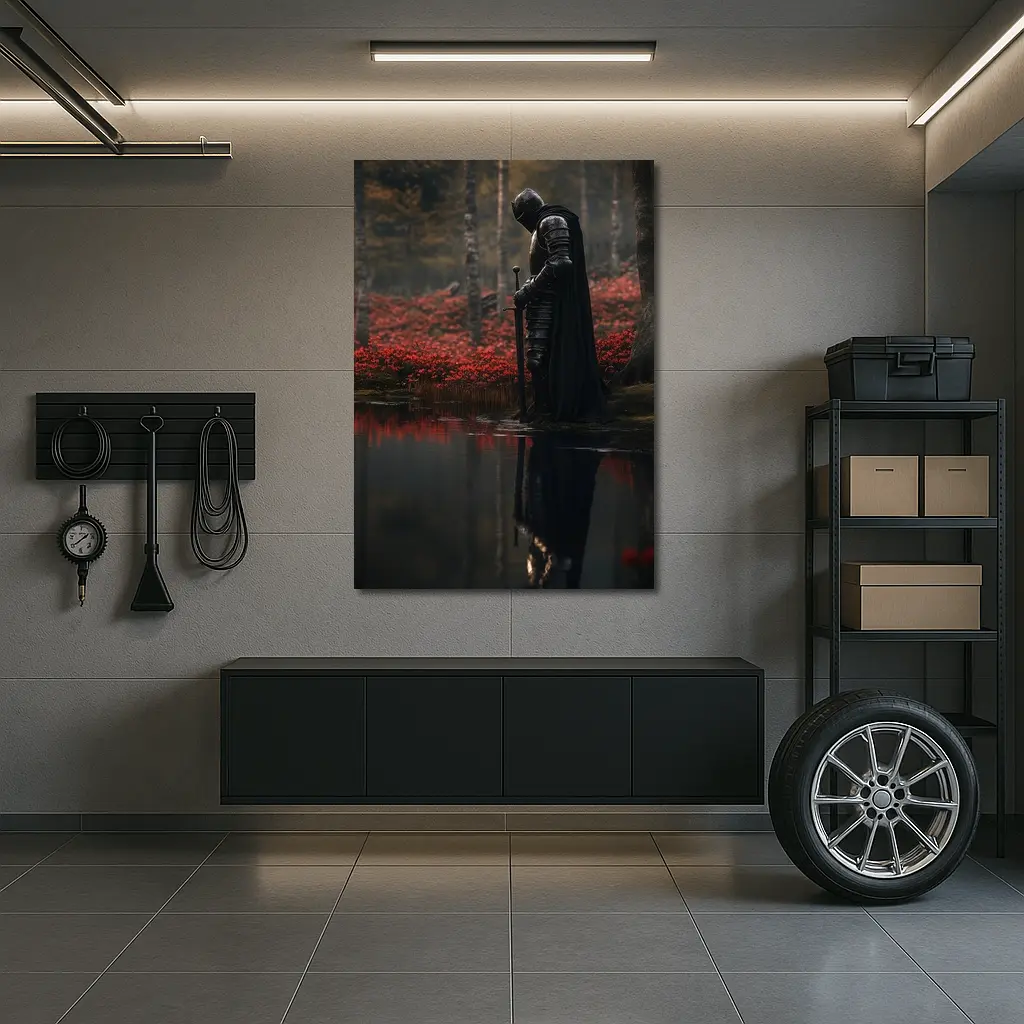 Dark Knight Reflecting By Red Forest – Wall Art