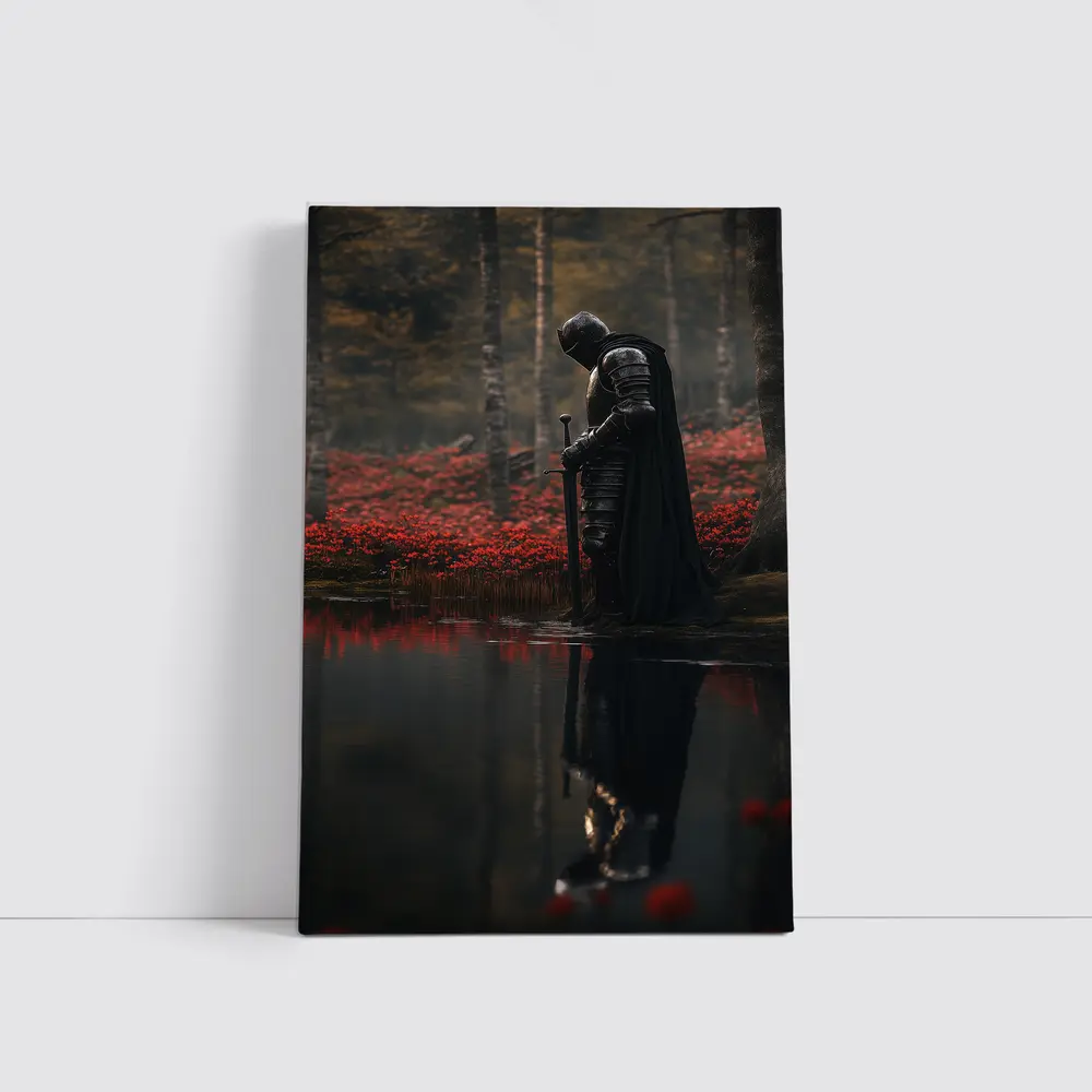 Dark Knight Reflecting By Red Forest – Wall Art