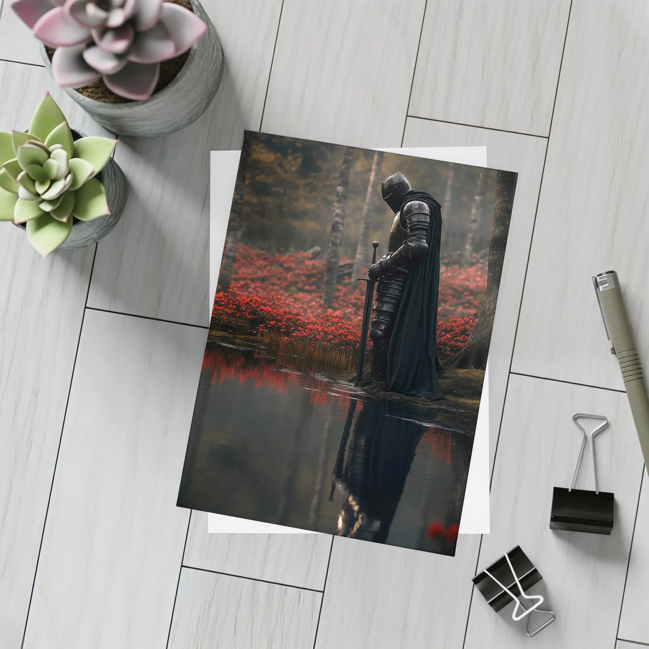 Dark Knight Reflecting By Red Forest – Postcards
