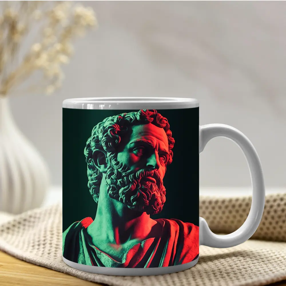 Greek Stoic Statue Neon Red Green Light – Mugs