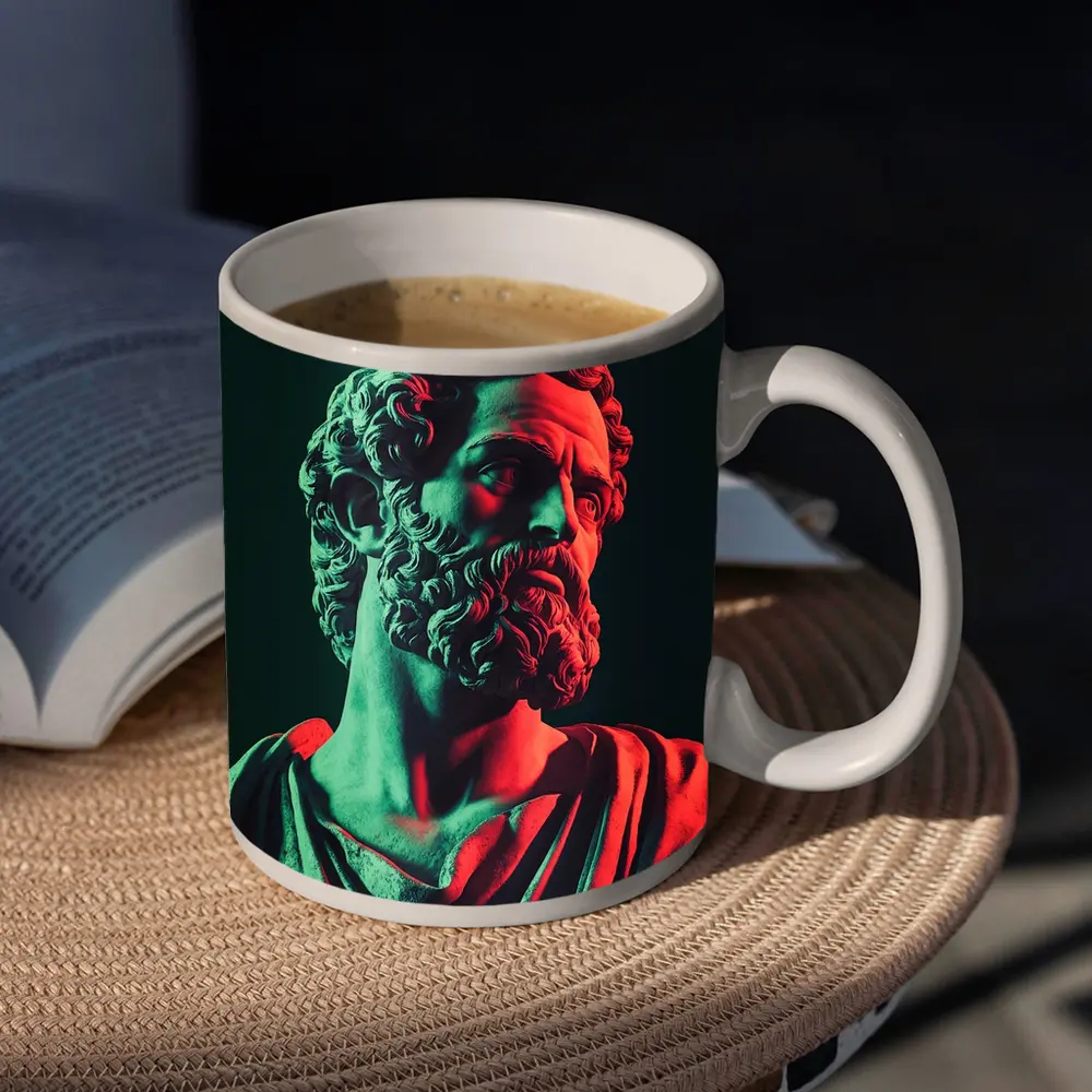 Greek Stoic Statue Neon Red Green Light – Mugs
