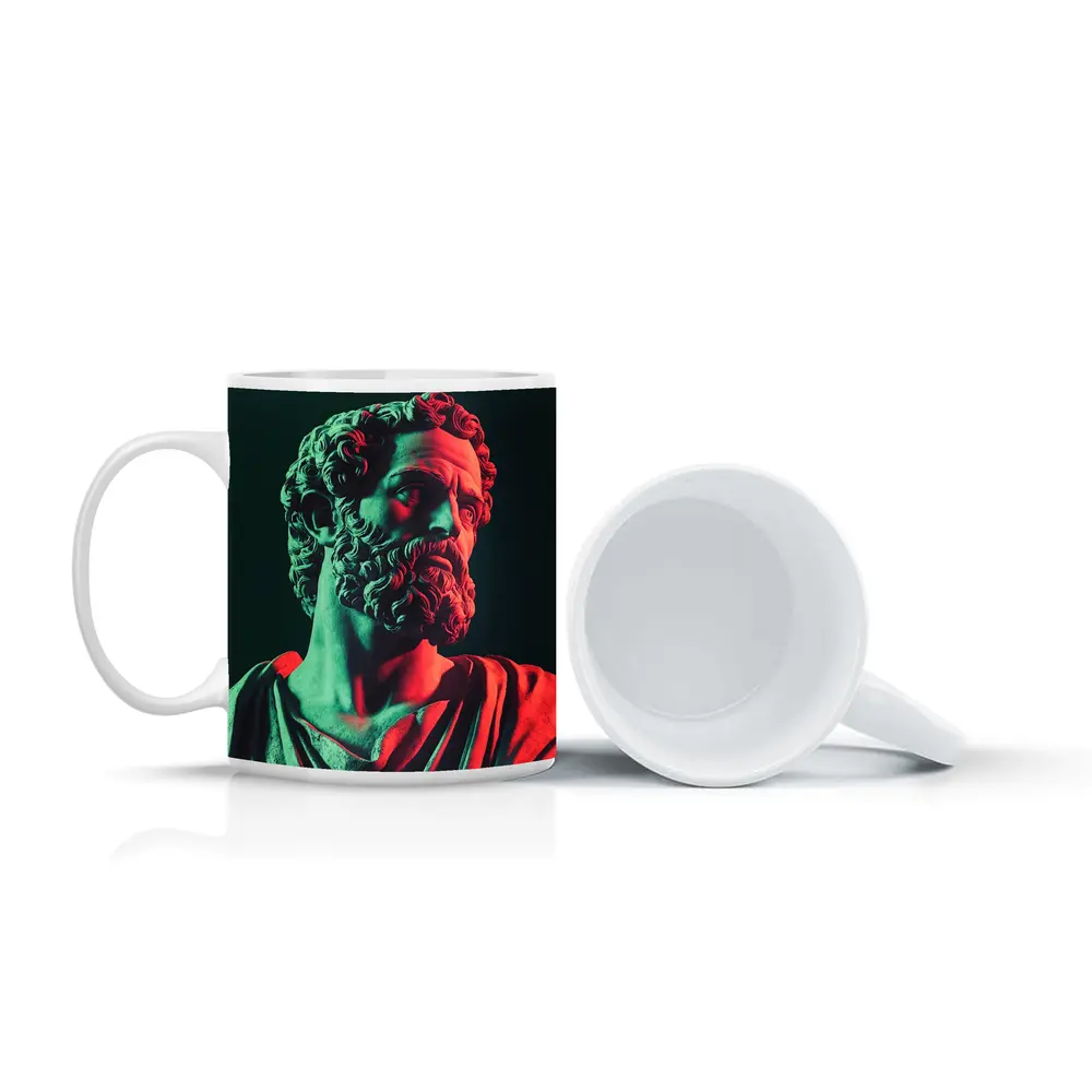 Greek Stoic Statue Neon Red Green Light – Mugs