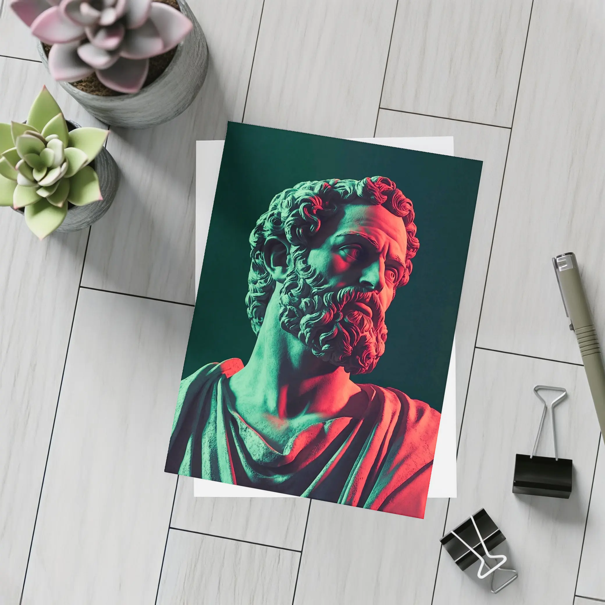 Greek Stoic Statue Neon Red Green Light – Postcards