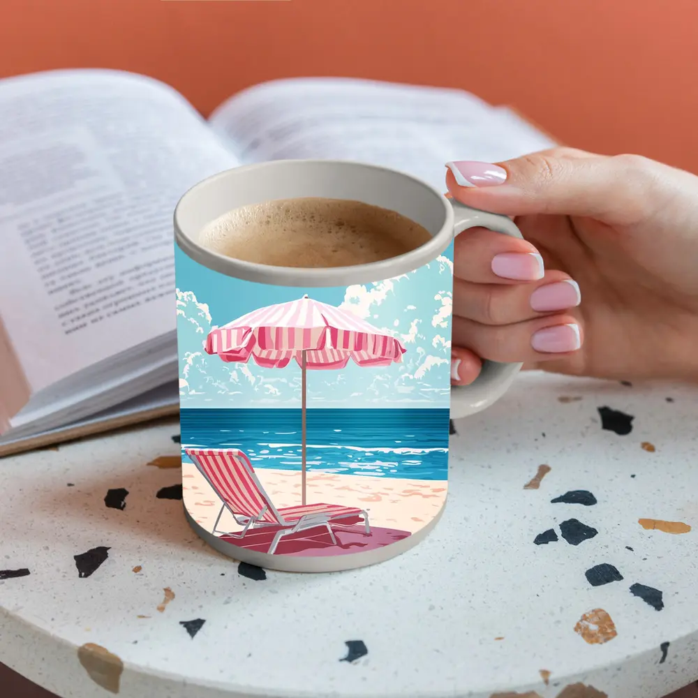 Pink Striped Beach Chair Ocean Summer Art – Mugs