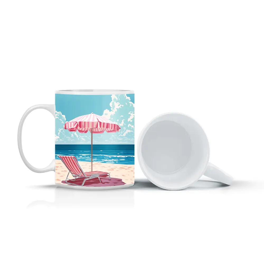 Pink Striped Beach Chair Ocean Summer Art – Mugs