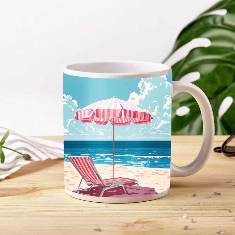 Pink Striped Beach Chair Ocean Summer Art – Mugs