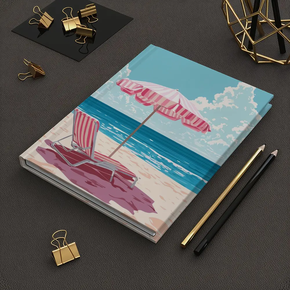 Pink Striped Beach Chair Ocean Summer Art – Notebooks