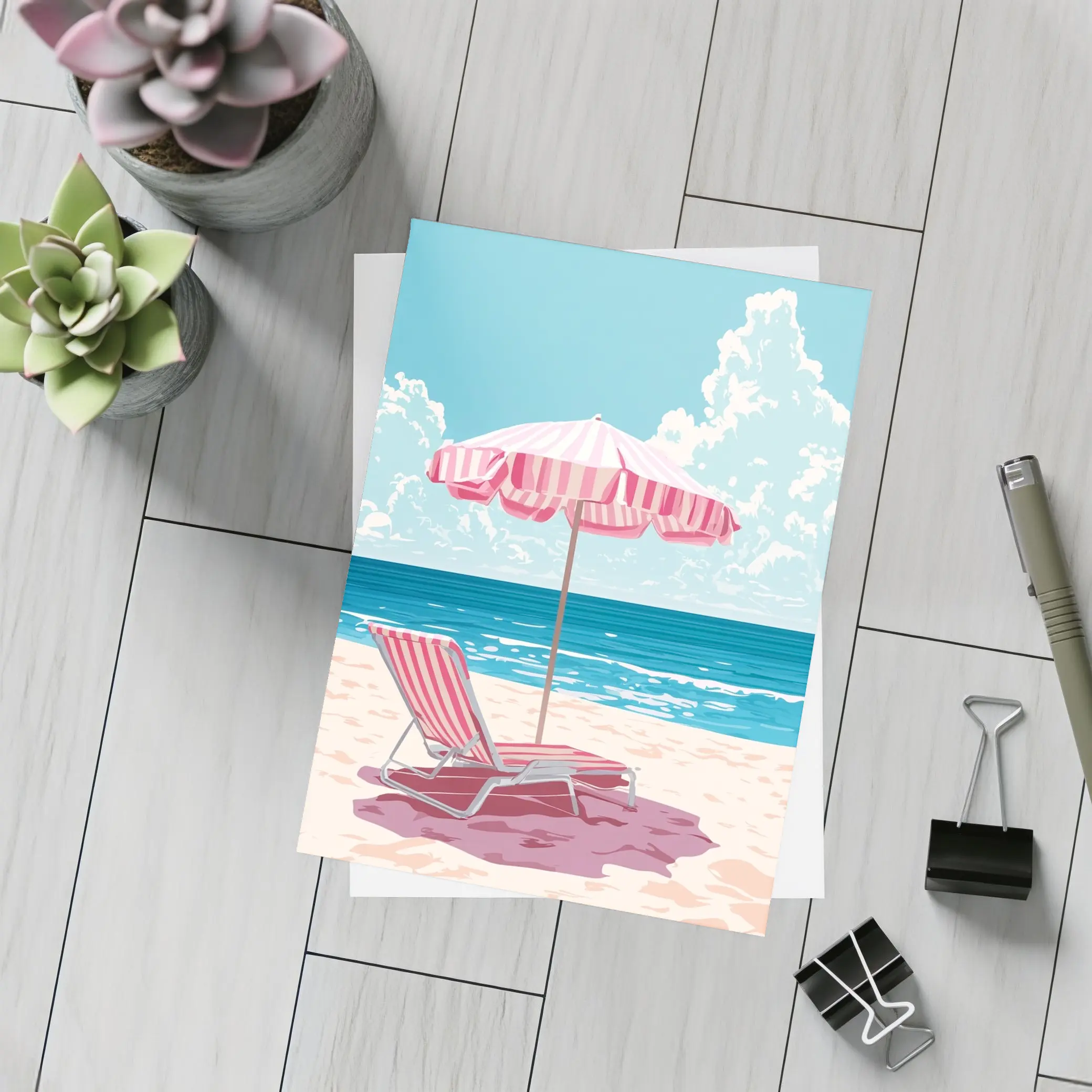 Pink Striped Beach Chair Ocean Summer Art – Postcards