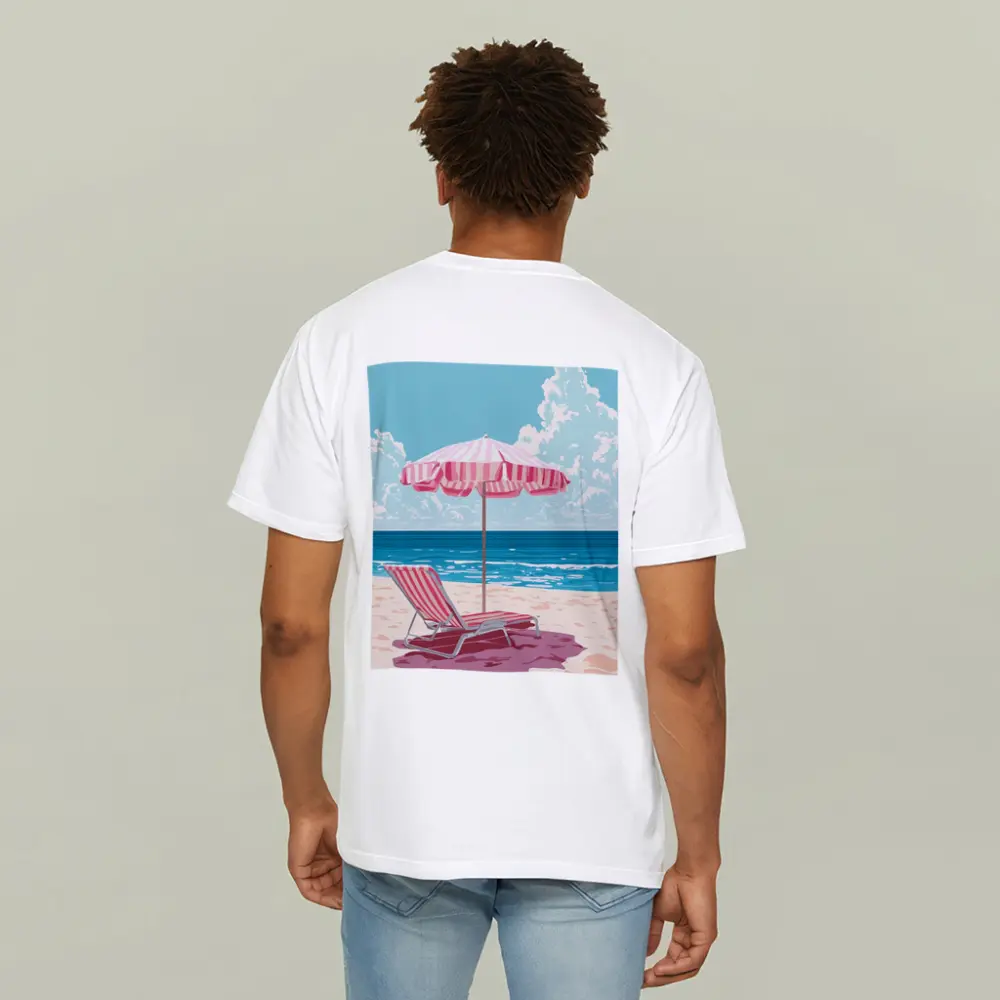 Pink Striped Beach Chair Ocean Summer Art – T-Shirts