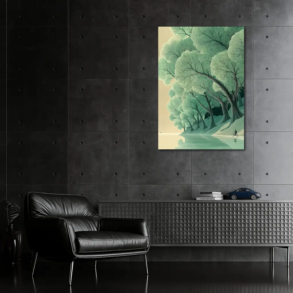 Illustrated Trees By Calm Reflective River – Wall Art