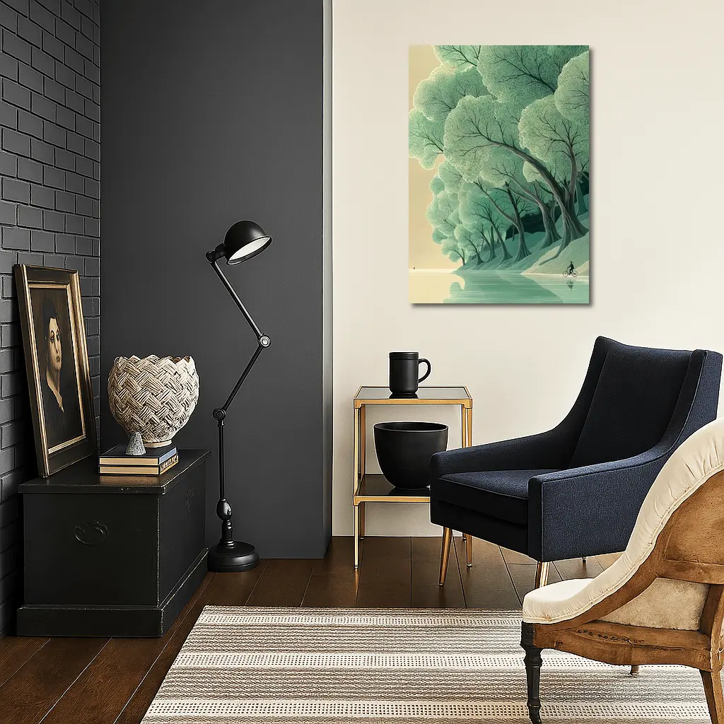 Illustrated Trees By Calm Reflective River – Wall Art