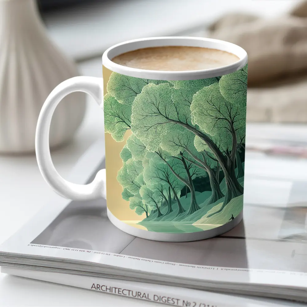 Illustrated Trees By Calm Reflective River – Mugs