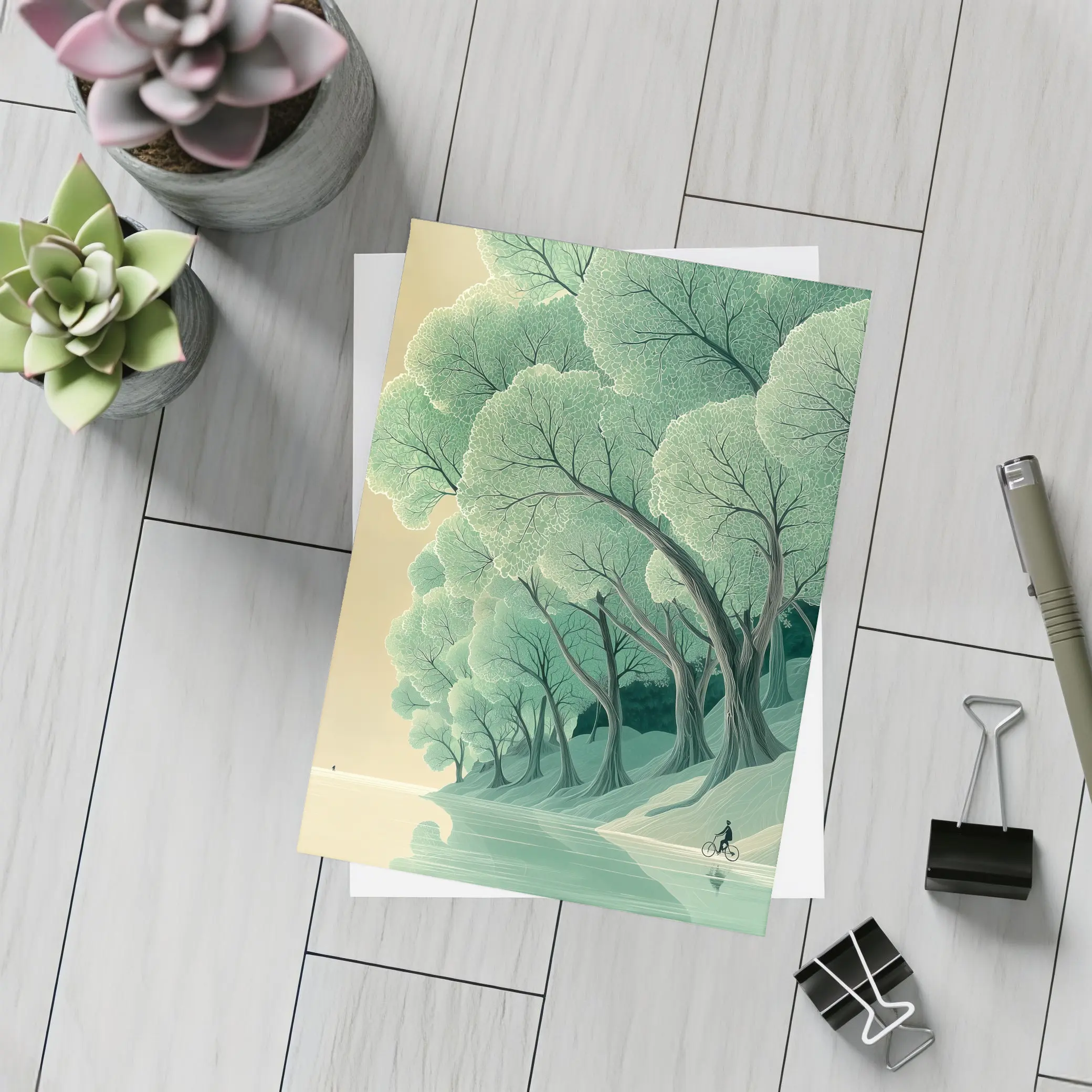 Illustrated Trees By Calm Reflective River – Postcards
