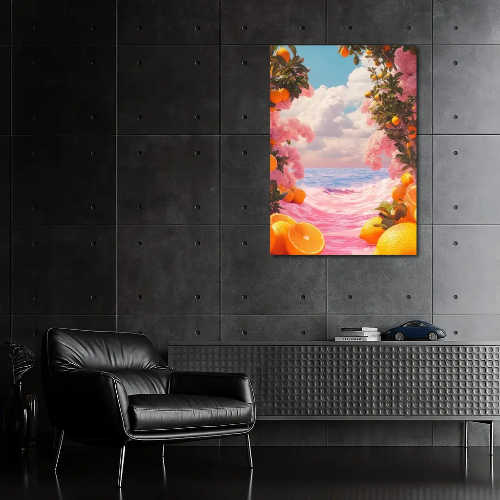 Tropical Oranges Pink Ocean Surreal Summer Scene – Wall Art
