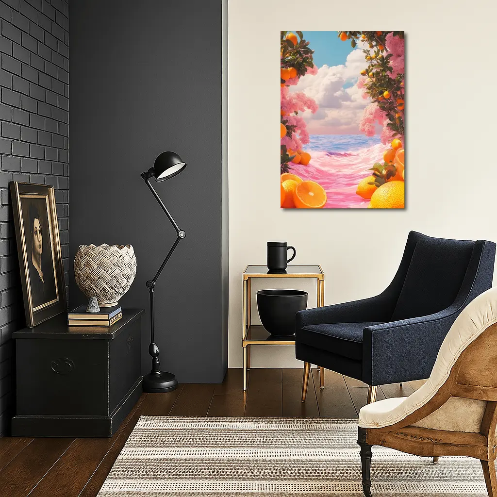 Tropical Oranges Pink Ocean Surreal Summer Scene – Wall Art