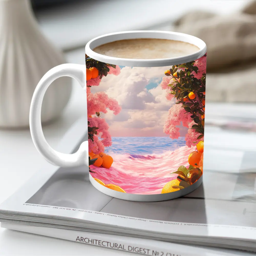 Tropical Oranges Pink Ocean Surreal Summer Scene – Mugs