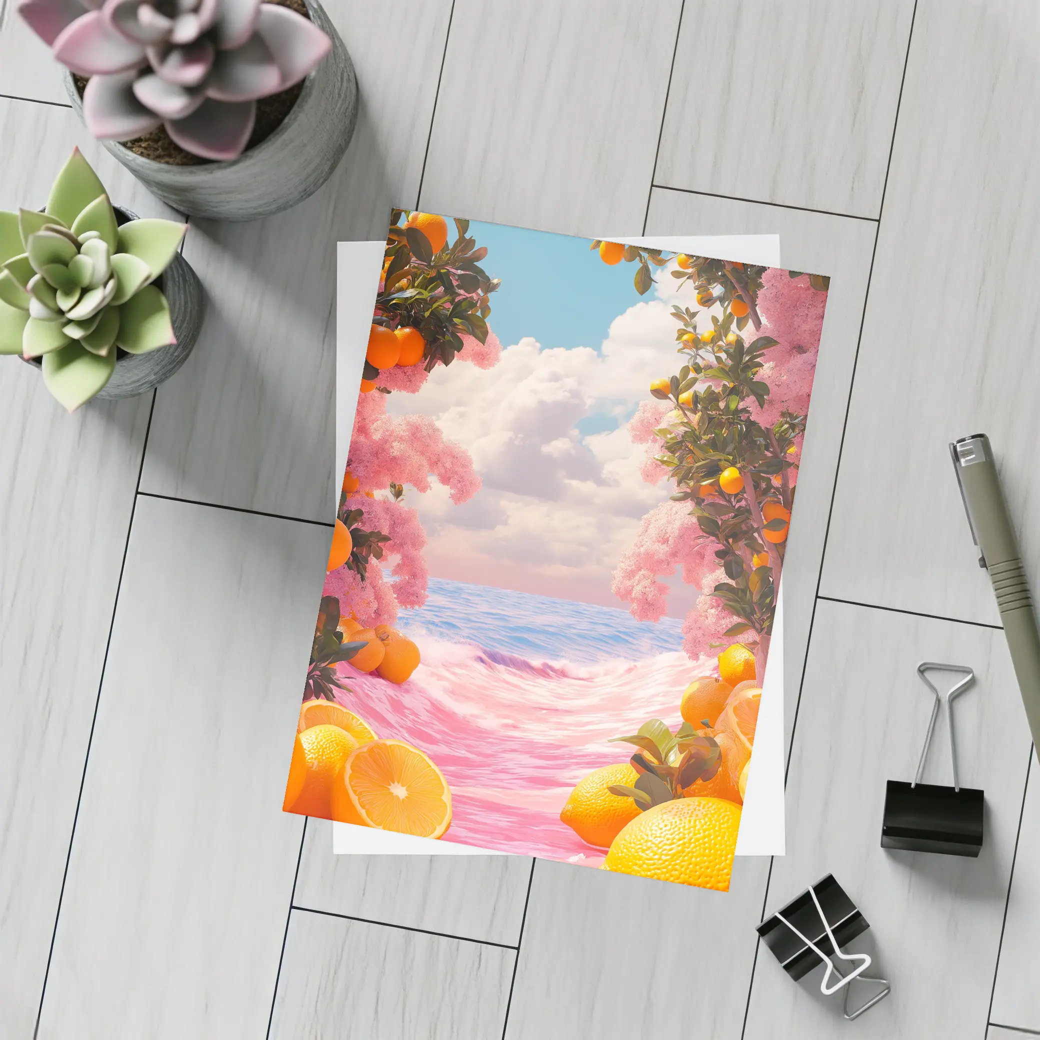 Tropical Oranges Pink Ocean Surreal Summer Scene – Postcards
