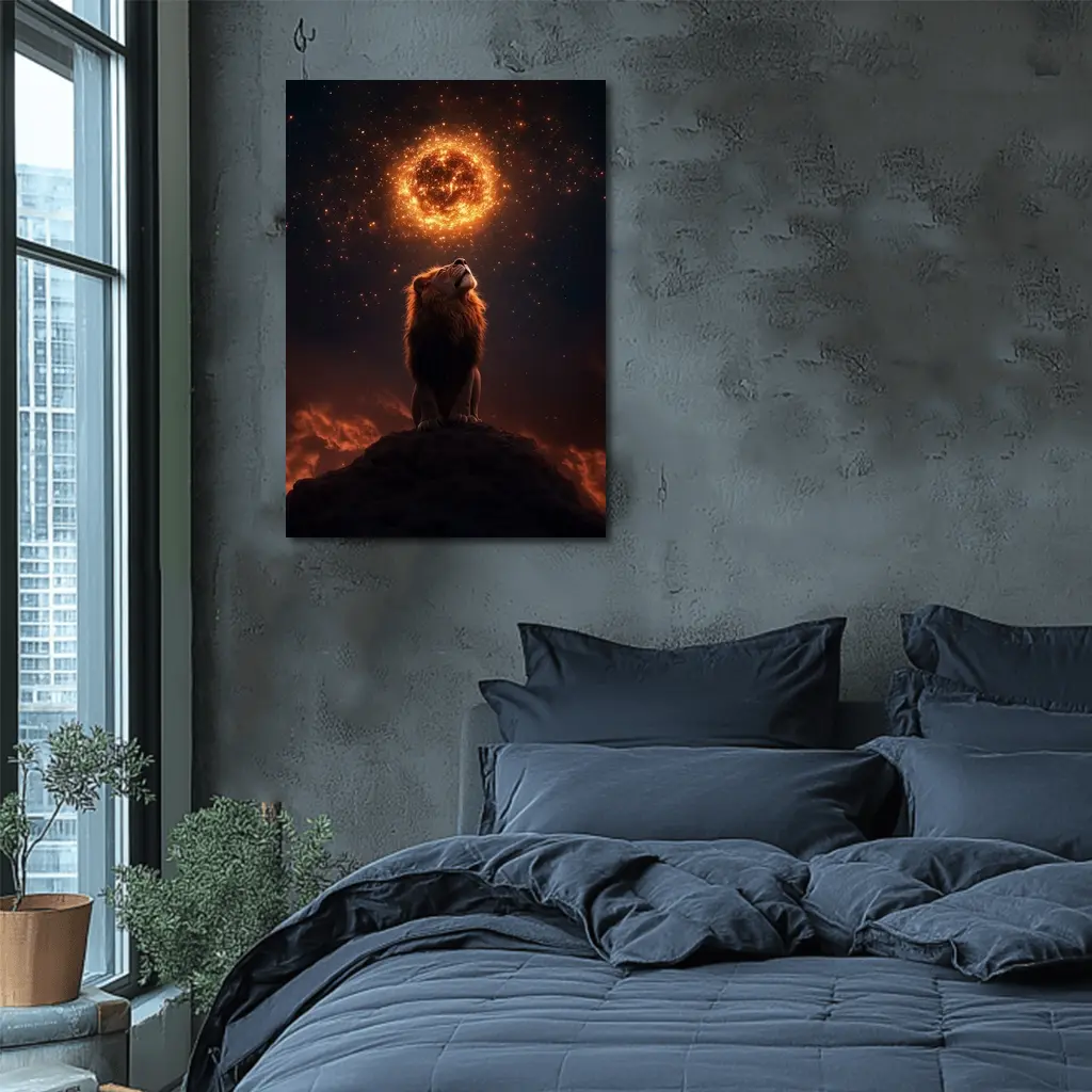 Lion Roaring Under Glowing Fire Sun – Wall Art