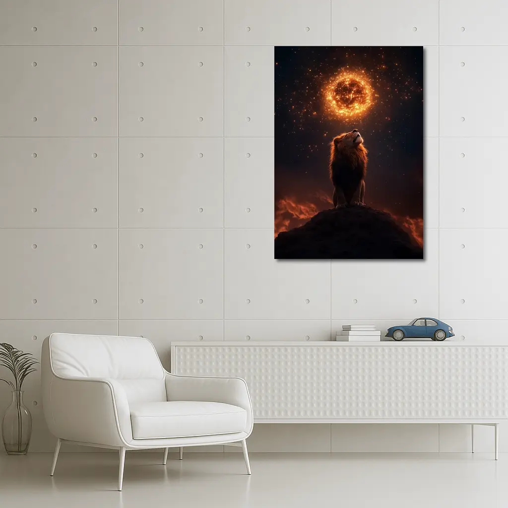 Lion Roaring Under Glowing Fire Sun – Wall Art