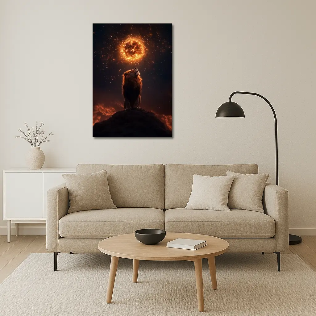 Lion Roaring Under Glowing Fire Sun – Wall Art