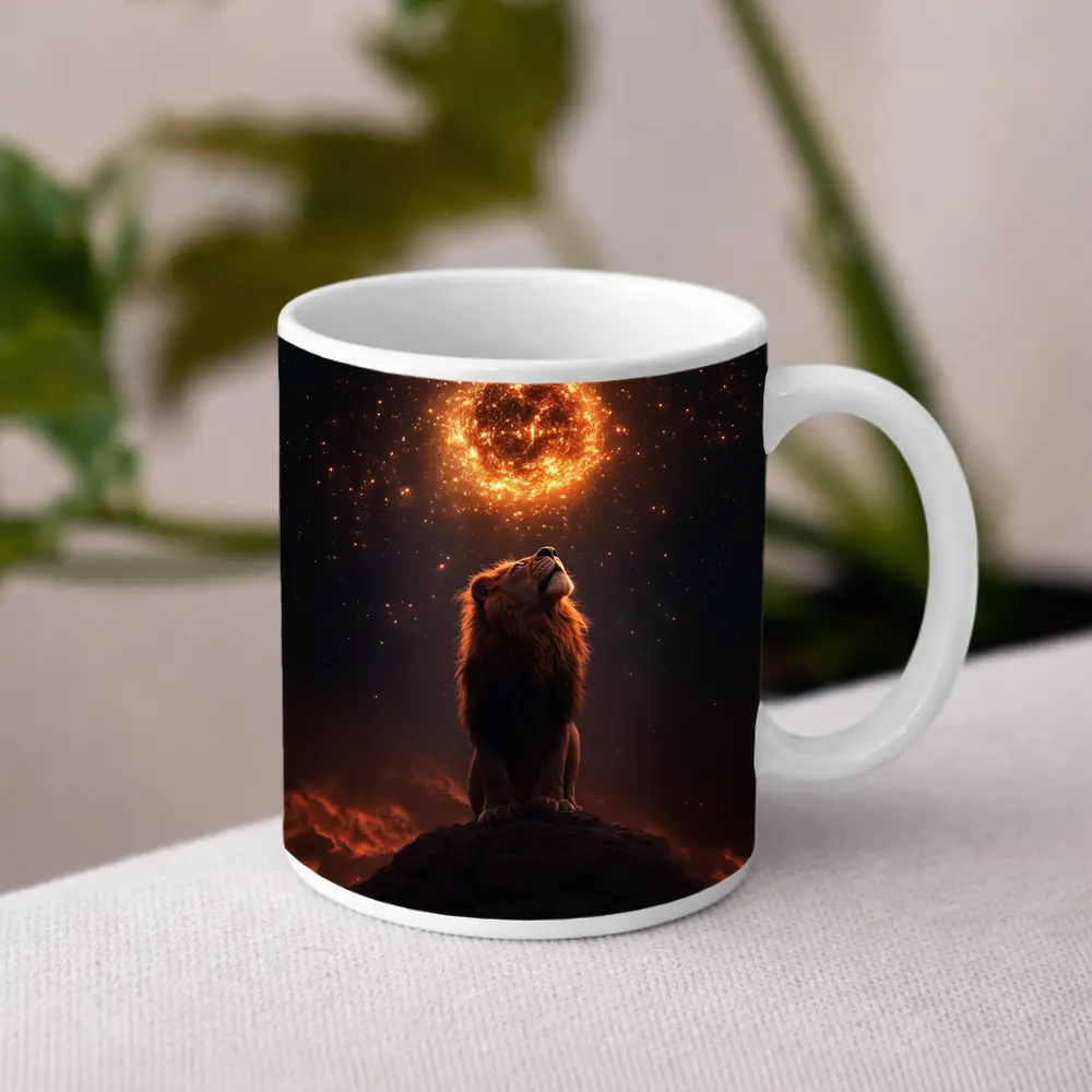 Lion Roaring Under Glowing Fire Sun – Mugs