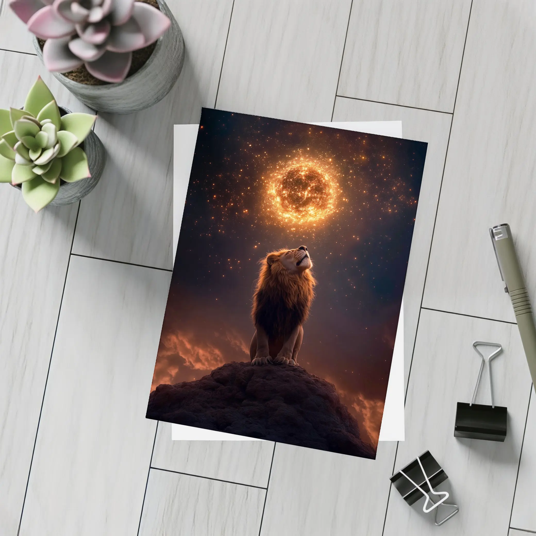 Lion Roaring Under Glowing Fire Sun – Postcards