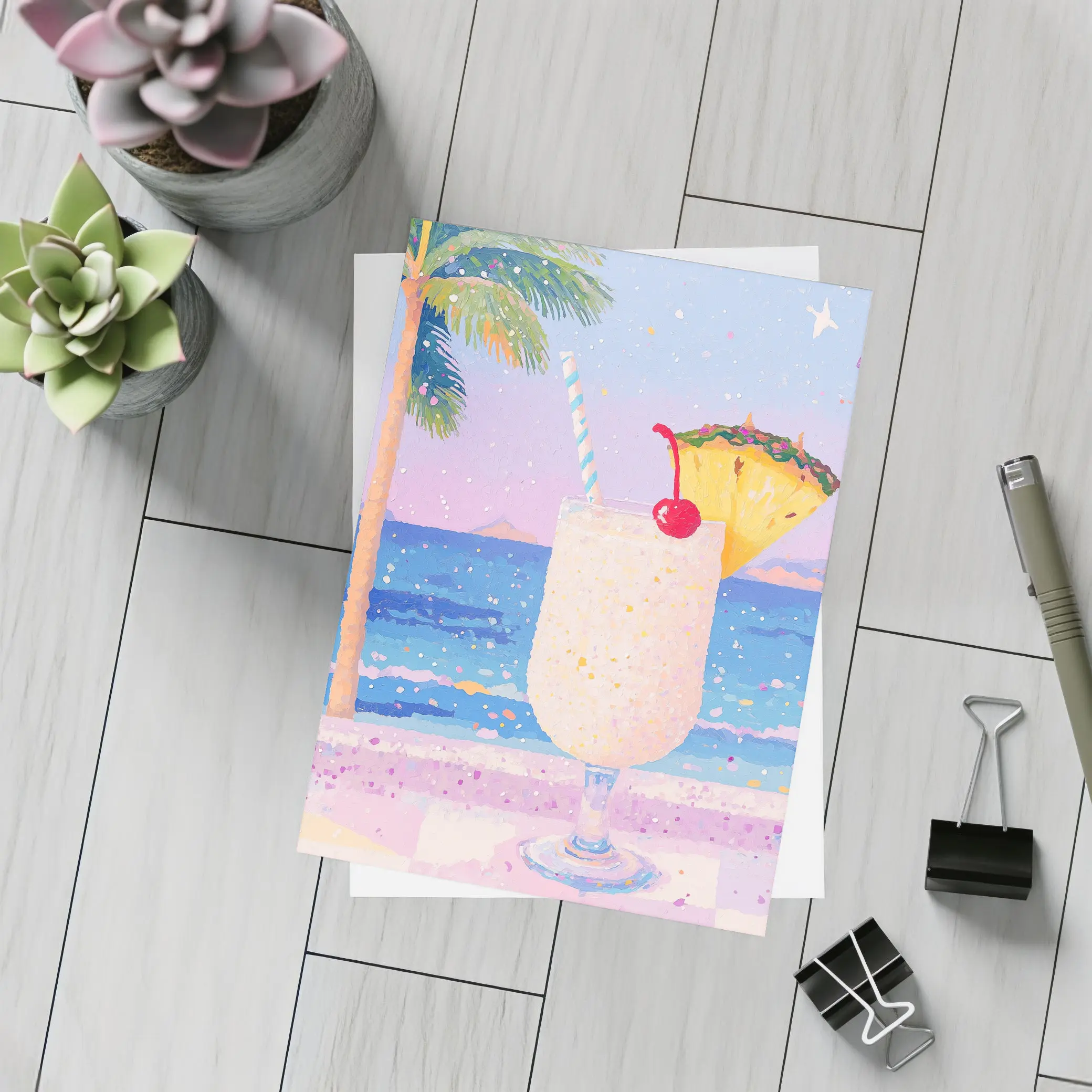 Tropical Pina Colada Cocktail Beach Pastel Art – Postcards
