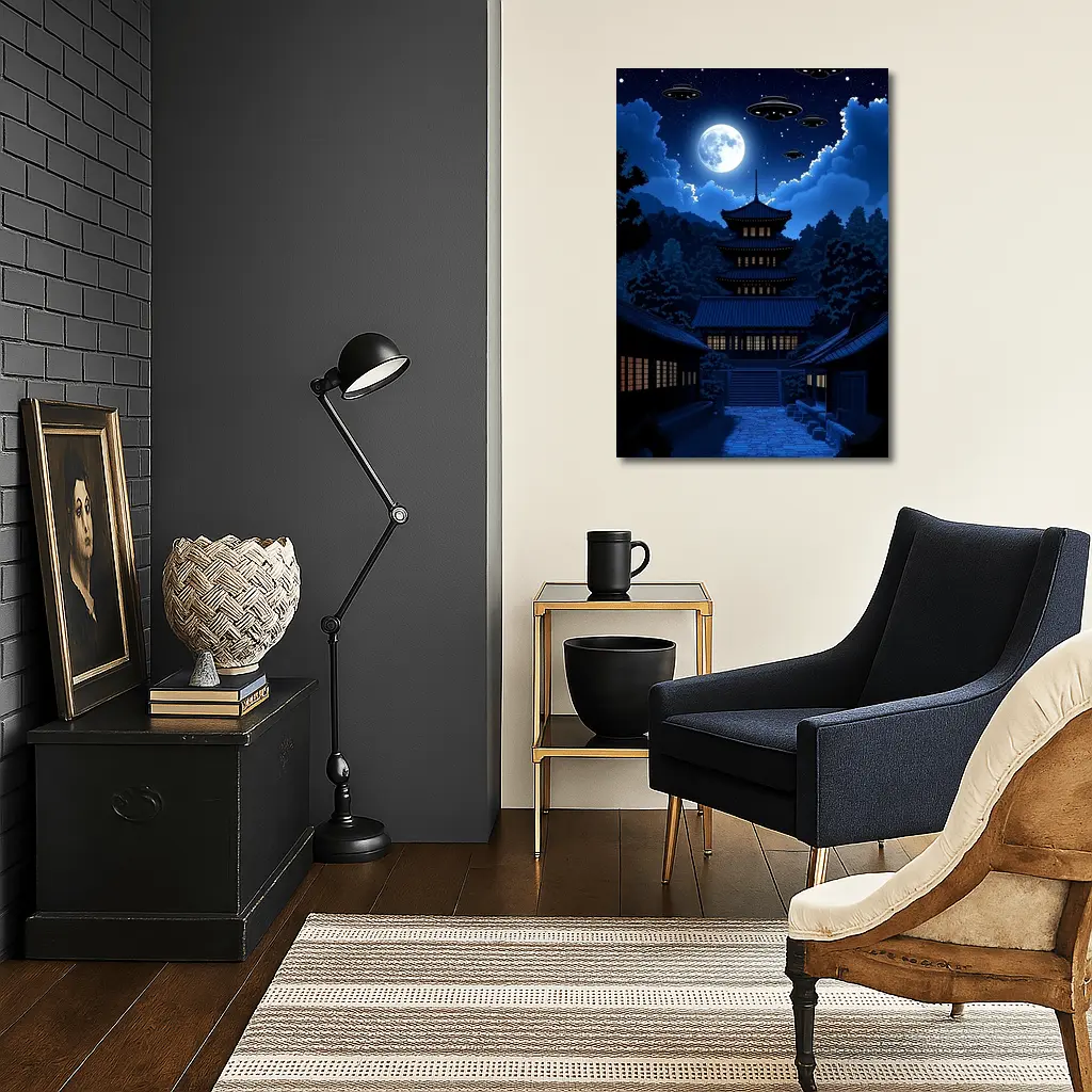 Pixel Art Pagoda Night Moon UFOs – Wall Art