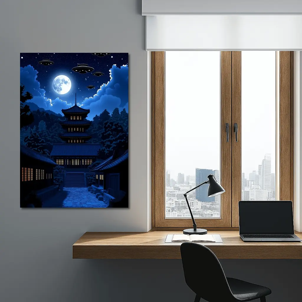 Pixel Art Pagoda Night Moon UFOs – Wall Art