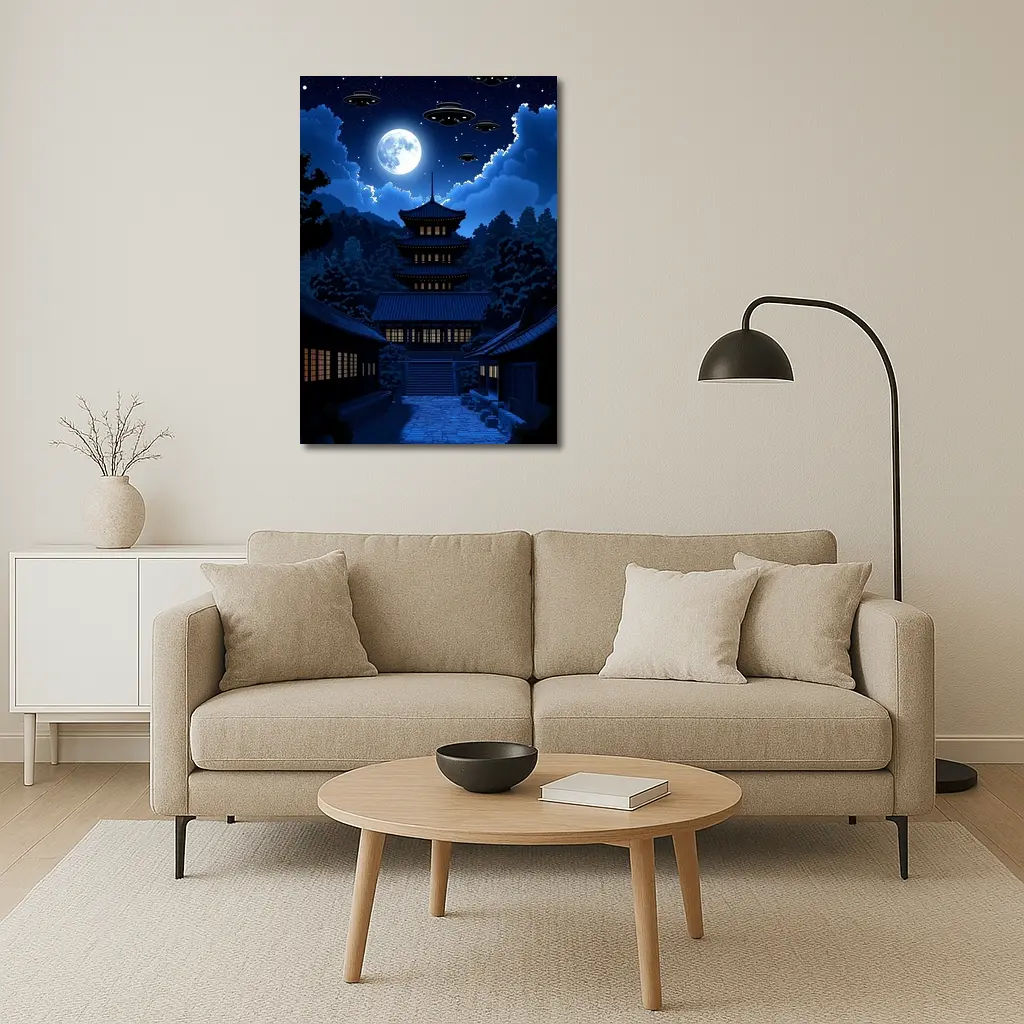 Pixel Art Pagoda Night Moon UFOs – Wall Art