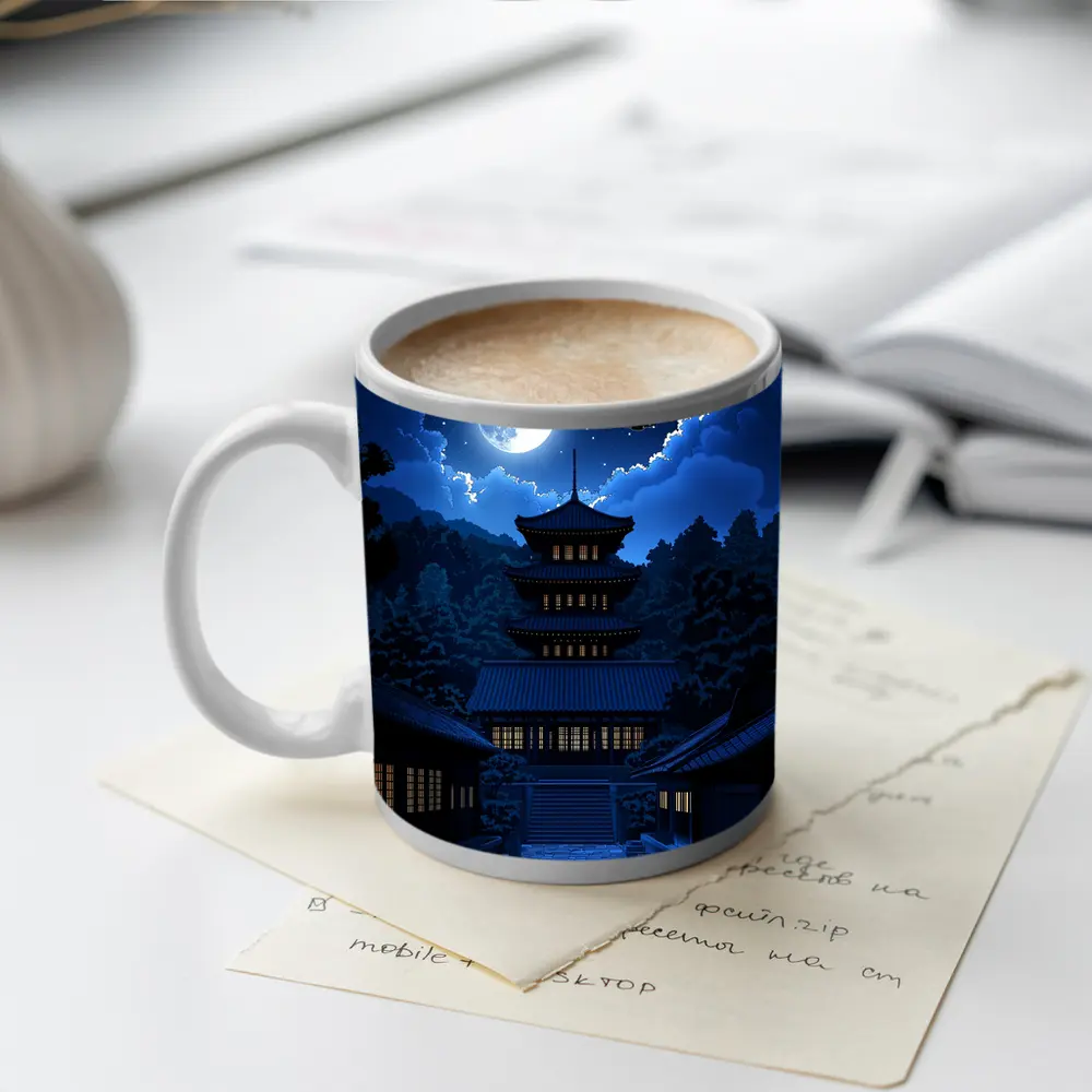 Pixel Art Pagoda Night Moon UFOs – Mugs