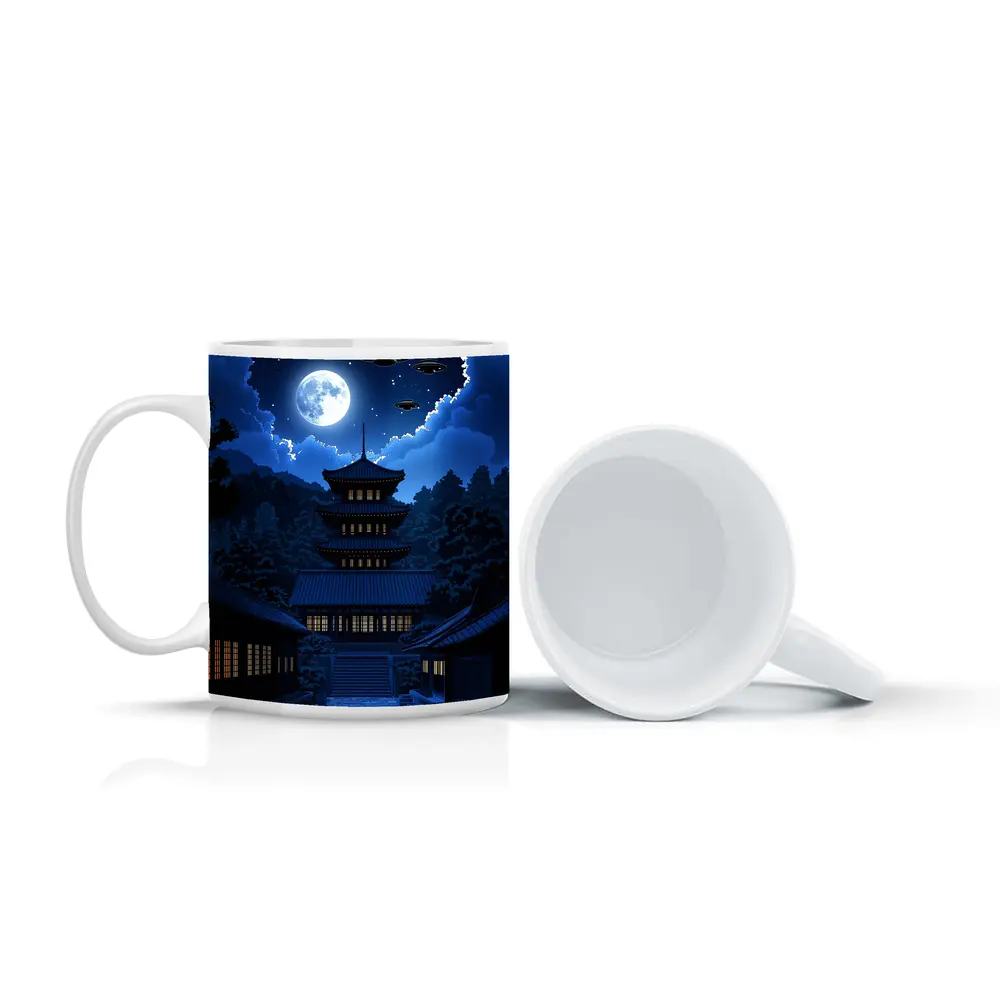 Pixel Art Pagoda Night Moon UFOs – Mugs