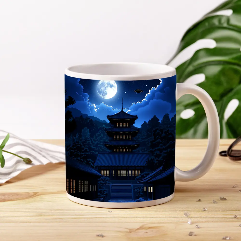 Pixel Art Pagoda Night Moon UFOs – Mugs