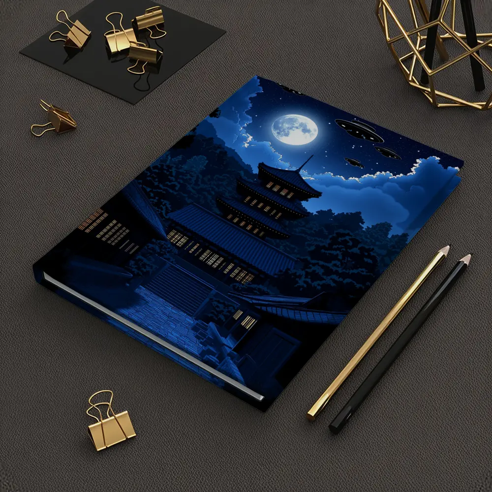 Pixel Art Pagoda Night Moon UFOs – Notebooks