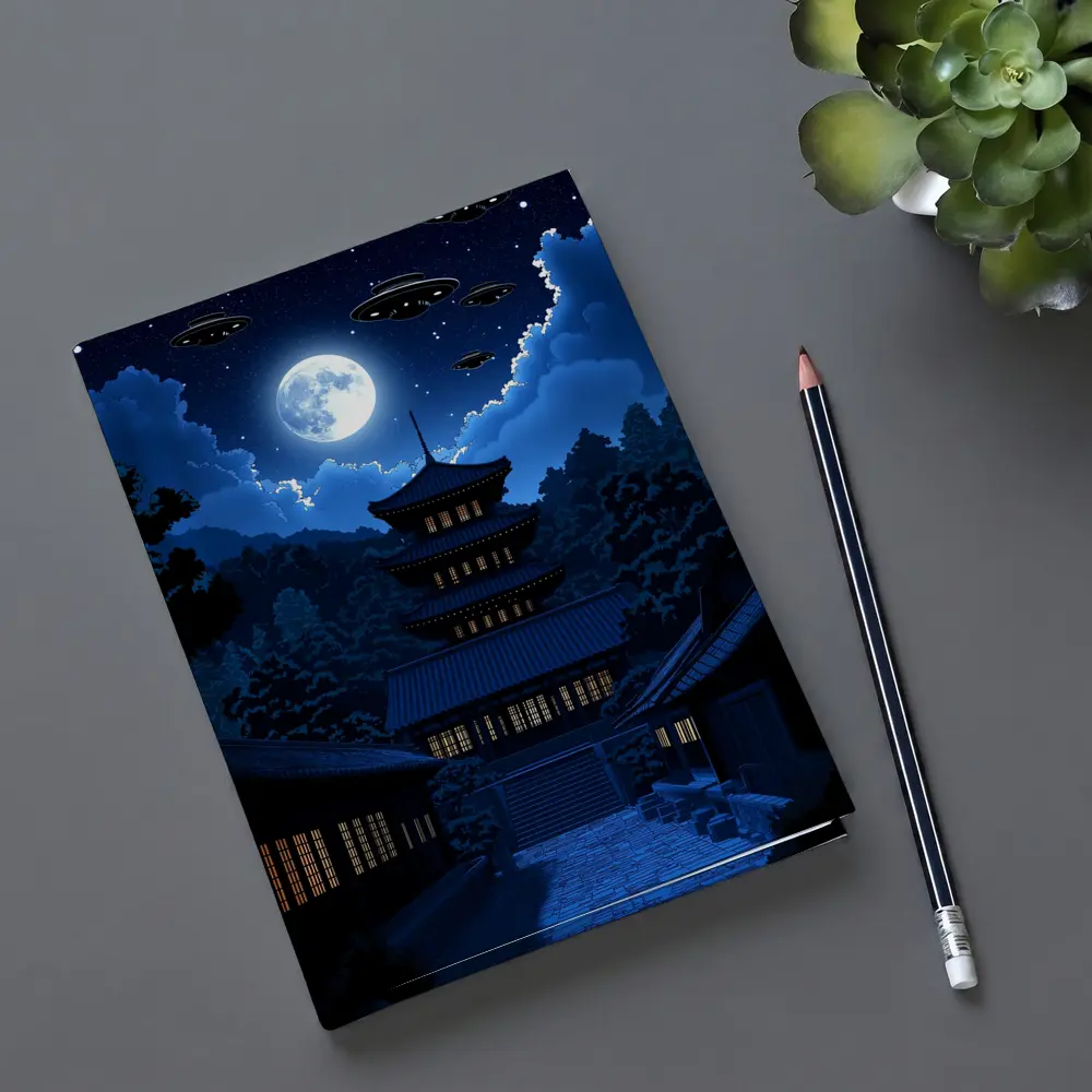 Pixel Art Pagoda Night Moon UFOs – Notebooks