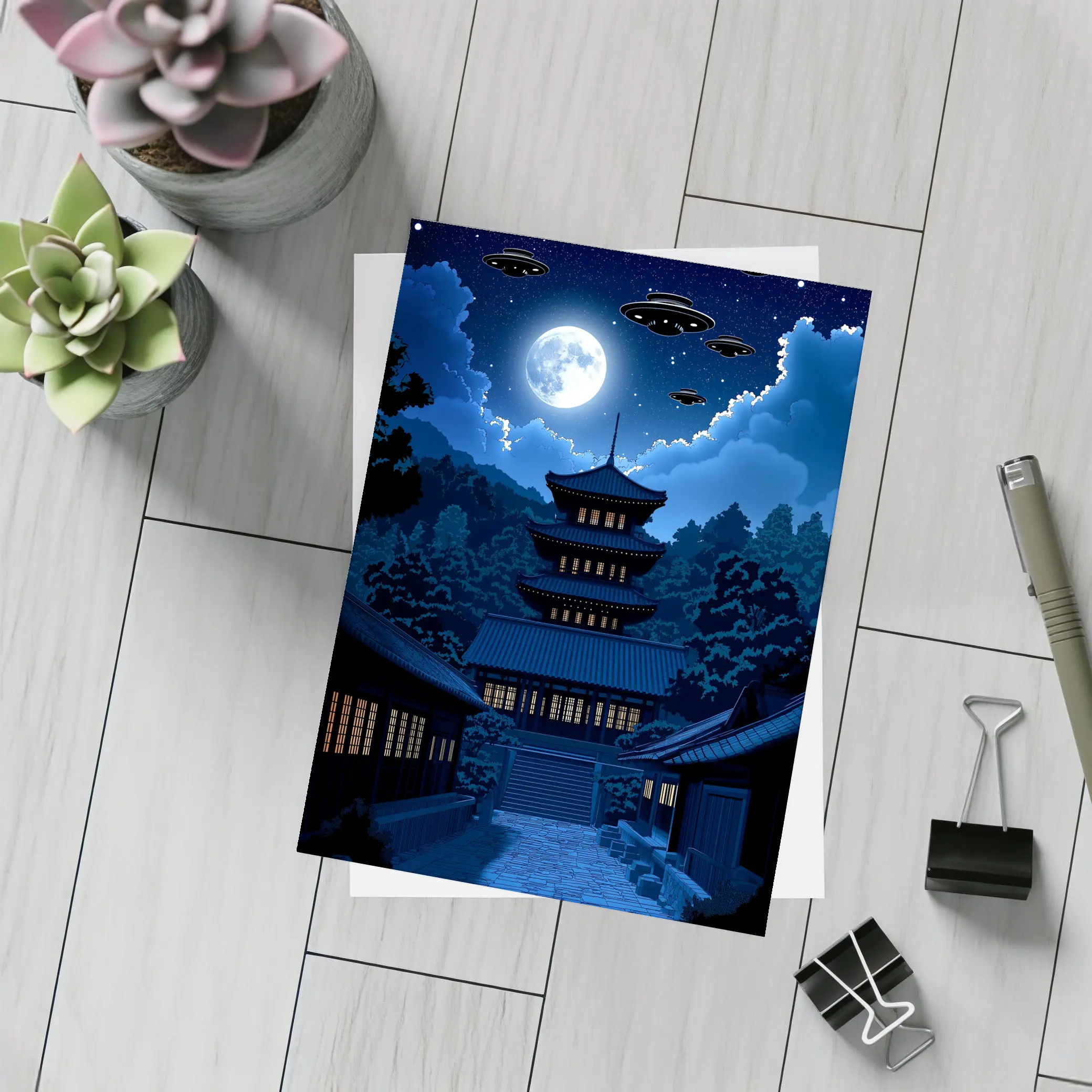 Pixel Art Pagoda Night Moon UFOs – Postcards