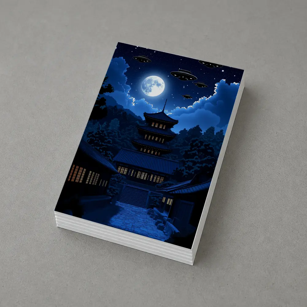 Pixel Art Pagoda Night Moon UFOs – Postcards