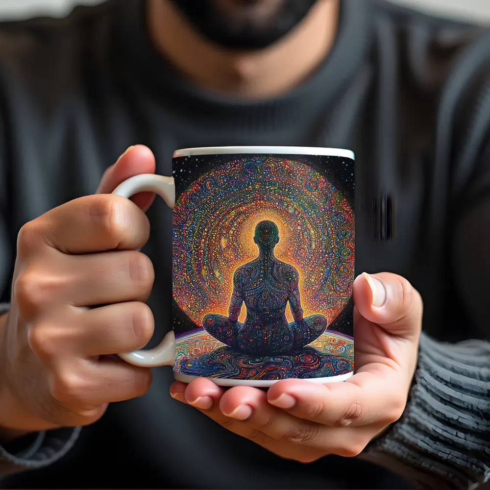 Meditating Figure Cosmic Psychedelic Universe Art – Mugs