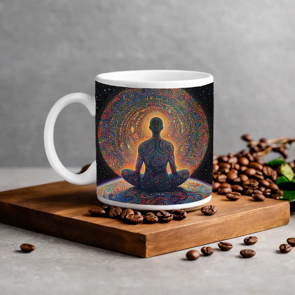 Meditating Figure Cosmic Psychedelic Universe Art – Mugs