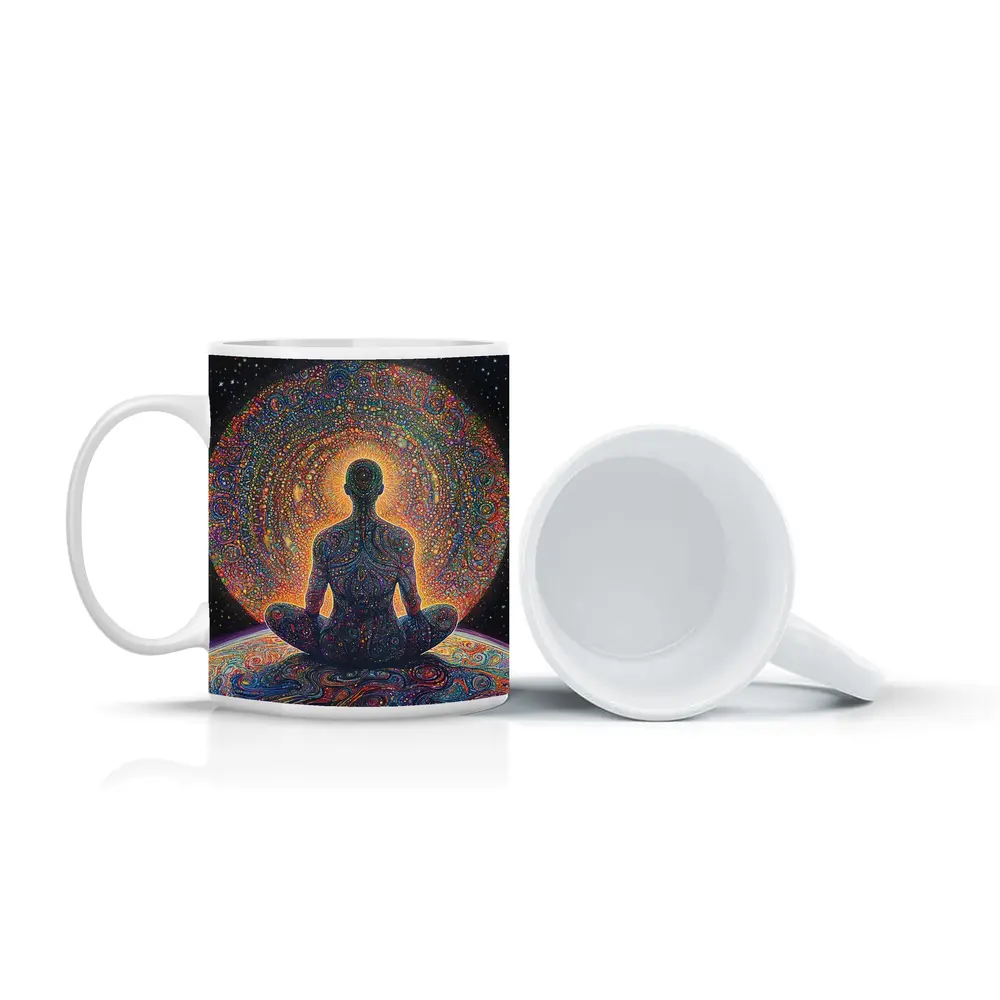 Meditating Figure Cosmic Psychedelic Universe Art – Mugs