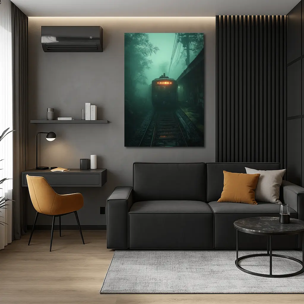 Foggy Train Approaching Dark Misty Station – Wall Art