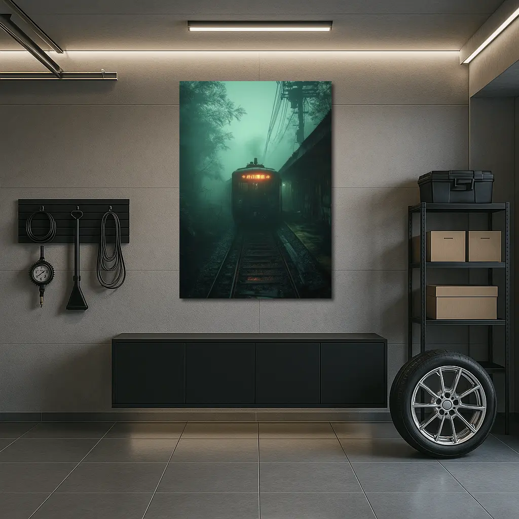 Foggy Train Approaching Dark Misty Station – Wall Art