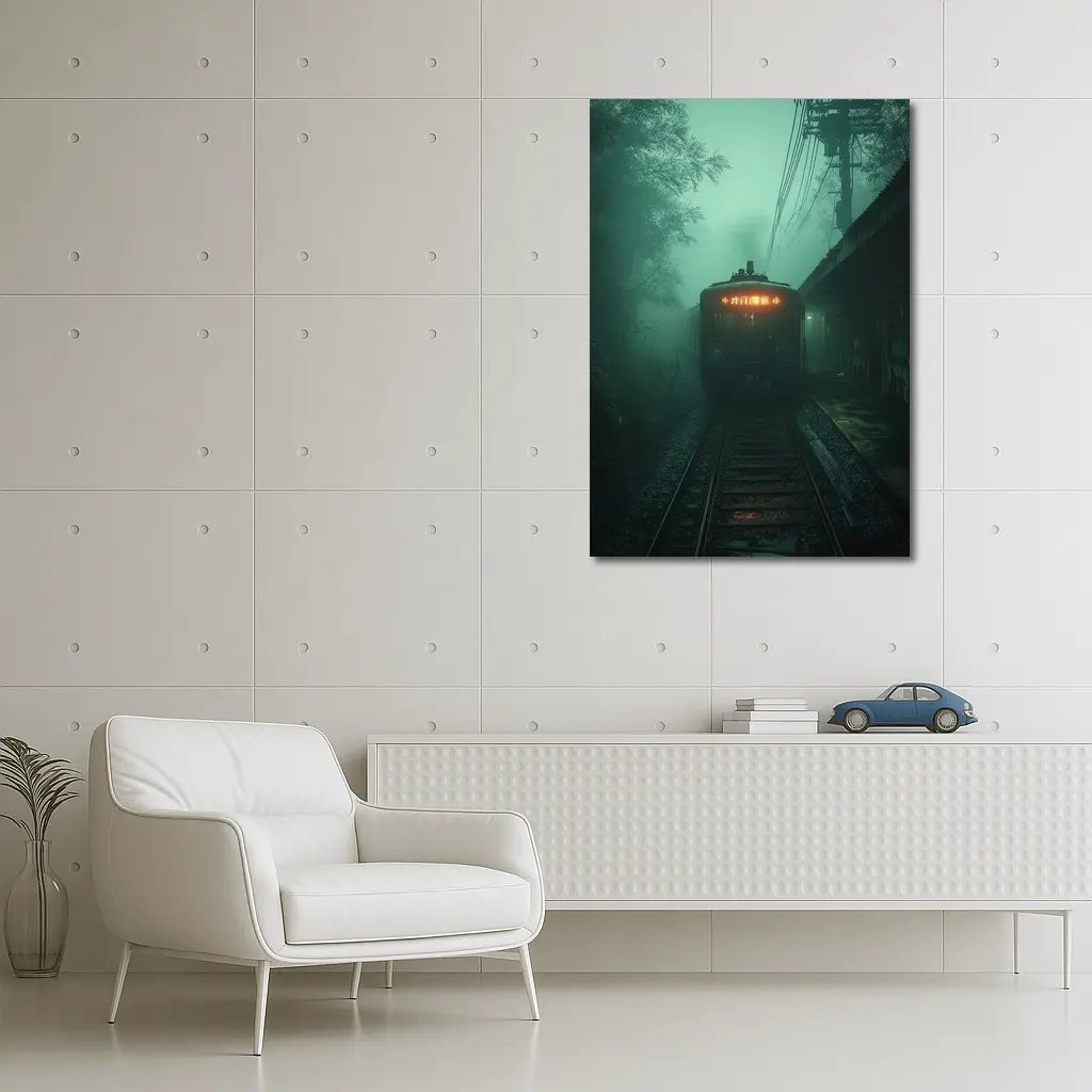 Foggy Train Approaching Dark Misty Station – Wall Art