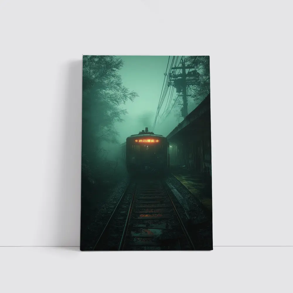 Foggy Train Approaching Dark Misty Station – Wall Art