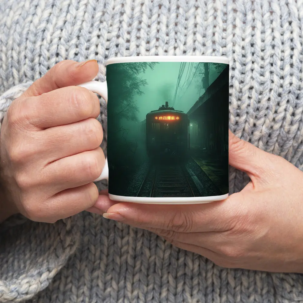 Foggy Train Approaching Dark Misty Station – Mugs